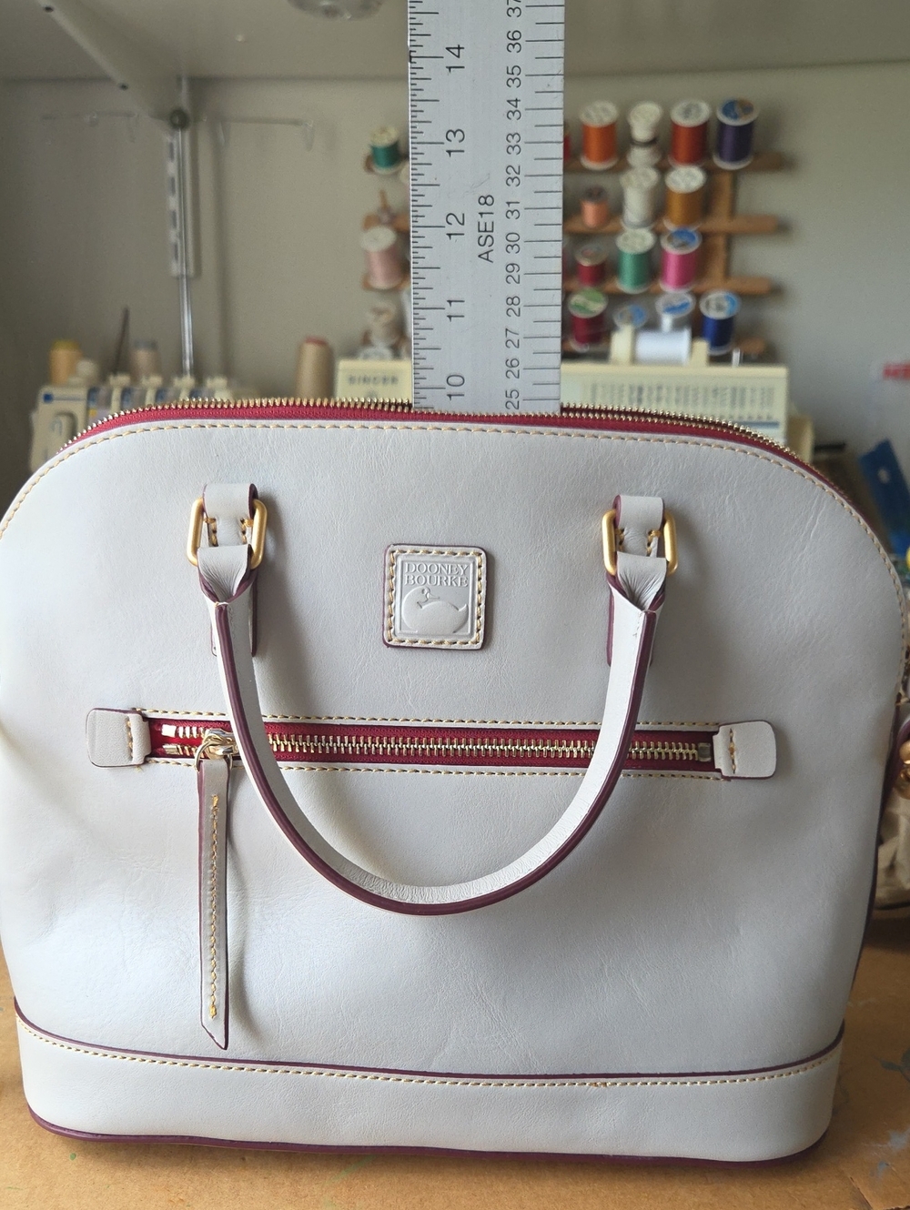 Dooney & Bourke Cream Leather Satchel with Red Trim - Picture 12 of 13